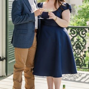 Navy blue Alfred Sung cap sleeve full skirt satin midi cocktail dress